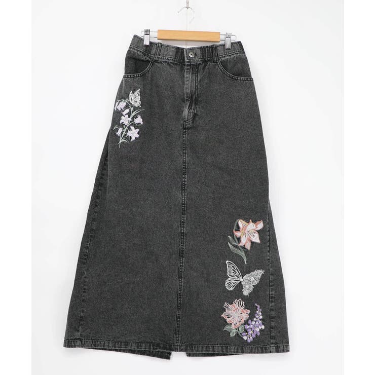 ブラック | 花蝶刺繍デニムロングスカート | ScoLar