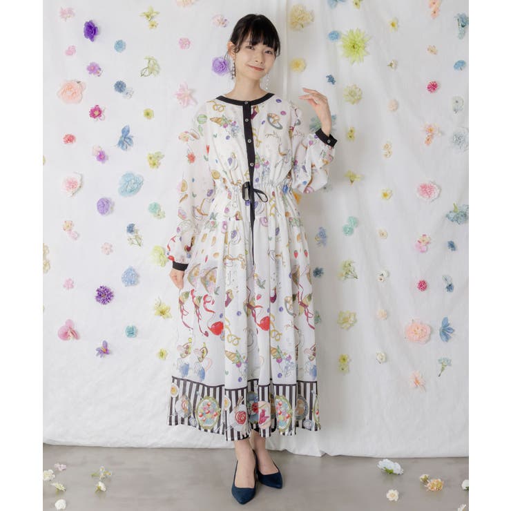 オフホワイト | パリの朝食柄シャツワンピース | ScoLar