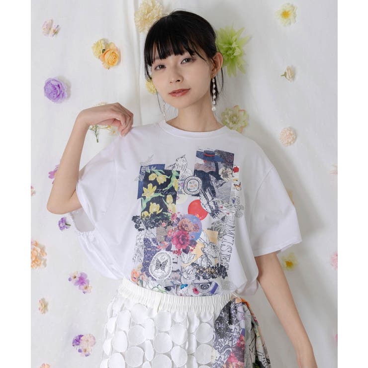オフホワイト | 花コラージュ柄シルケット天竺チュニック | ScoLar