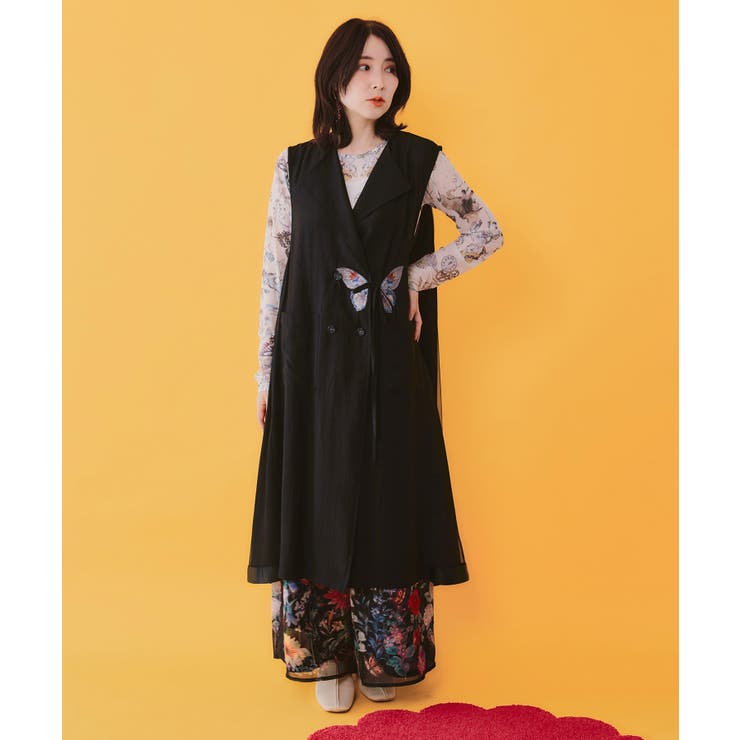 ブラック | ワンポイント蝶刺繍ロング丈ジレ | ScoLar