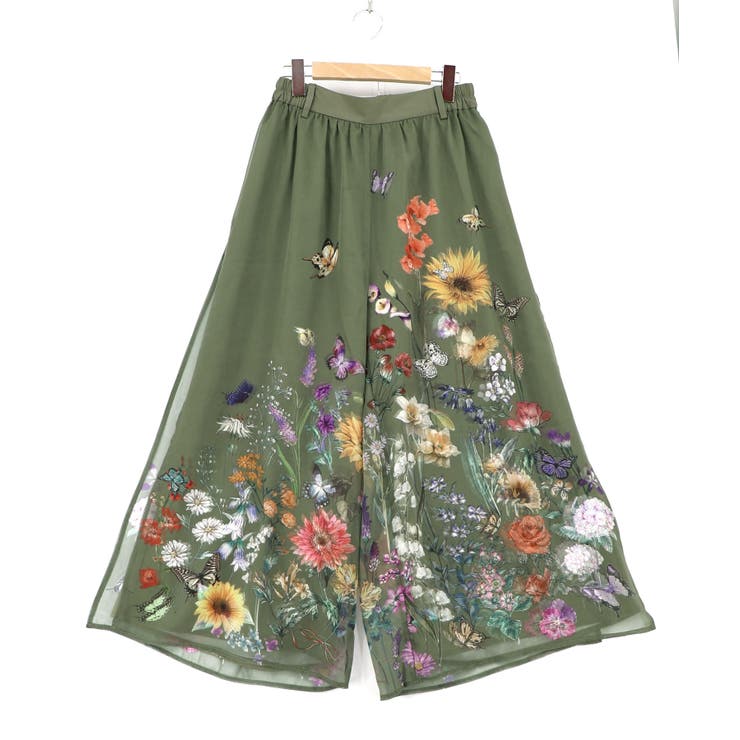 グリーン | 花柄シフォン×花柄生地 3D風パンツ | ScoLar