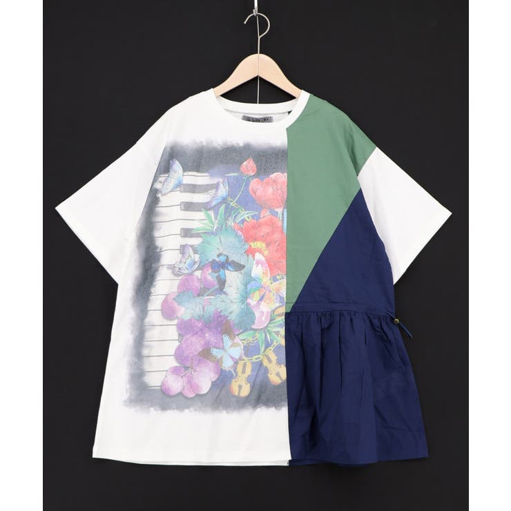 オフホワイト | 楽器×お花のブローチ柄 アシメ配色切替チュニック | ScoLar