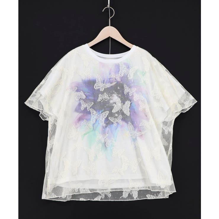 オフホワイト | 蝶々チュール重ね 花蝶柄Tシャツ | ScoLar