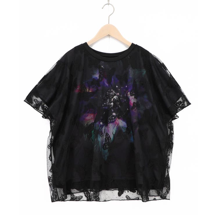 ブラック | 蝶々チュール重ね 花蝶柄Tシャツ | ScoLar