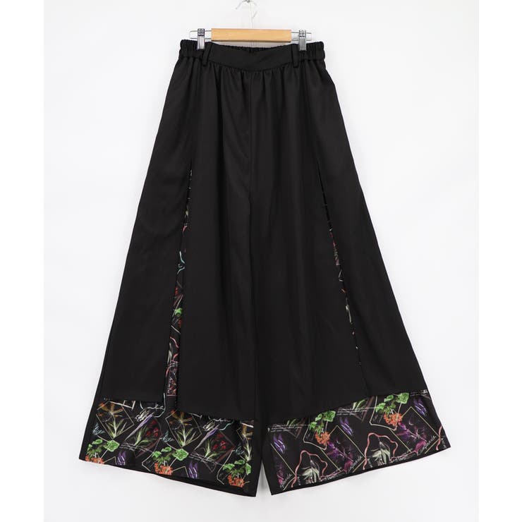 ブラック | 無地×お花図鑑柄 スリット入りワイドパンツ | ScoLar