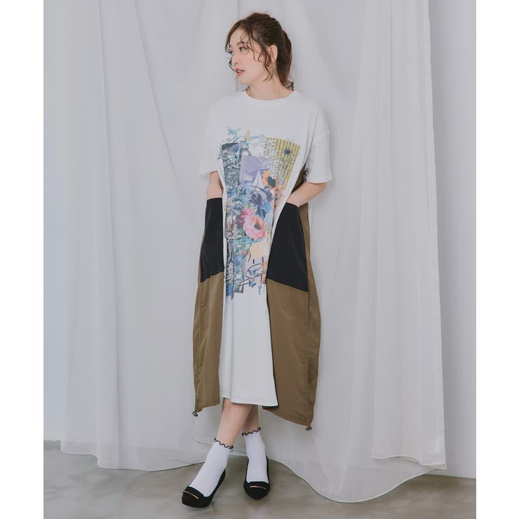 オフホワイト | 夏の花コラージュ柄 異素材切替ワンピース | ScoLar