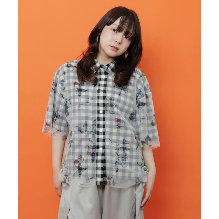 アイボリー | お花とフルーツ柄 チュール重ねチェックシャツ | ScoLar