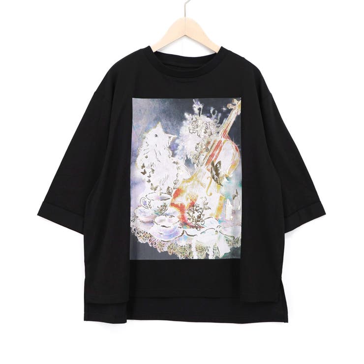 ブラック | ネコと音楽のお茶会 箔プリント入りTシャツ | ScoLar