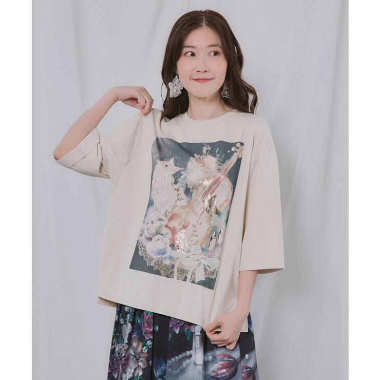 アイボリー | ネコと音楽のお茶会 箔プリント入りTシャツ | ScoLar