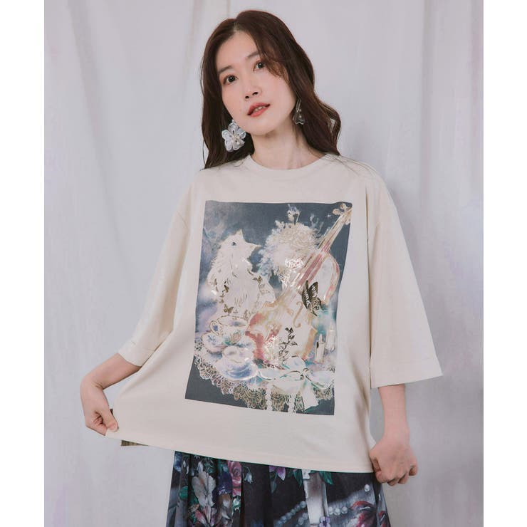 ネコと音楽のお茶会 箔プリント入りTシャツ | ScoLar | 詳細画像2 