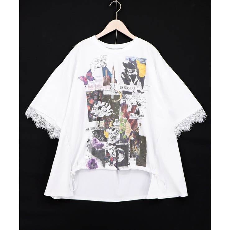 オフホワイト | アートコラージュ柄 天竺×レースTシャツ | ScoLar