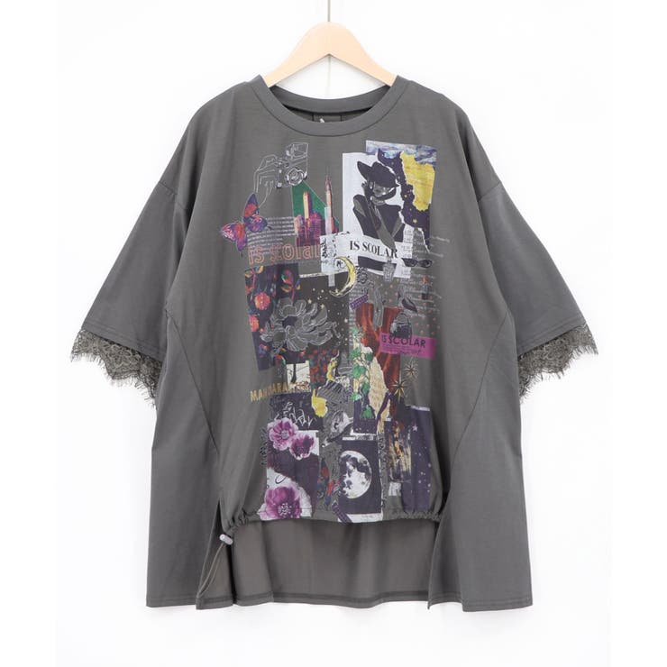 チャコールグレー | アートコラージュ柄 天竺×レースTシャツ | ScoLar