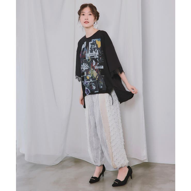 アートコラージュ柄 天竺×レースTシャツ | ScoLar | 詳細画像1 