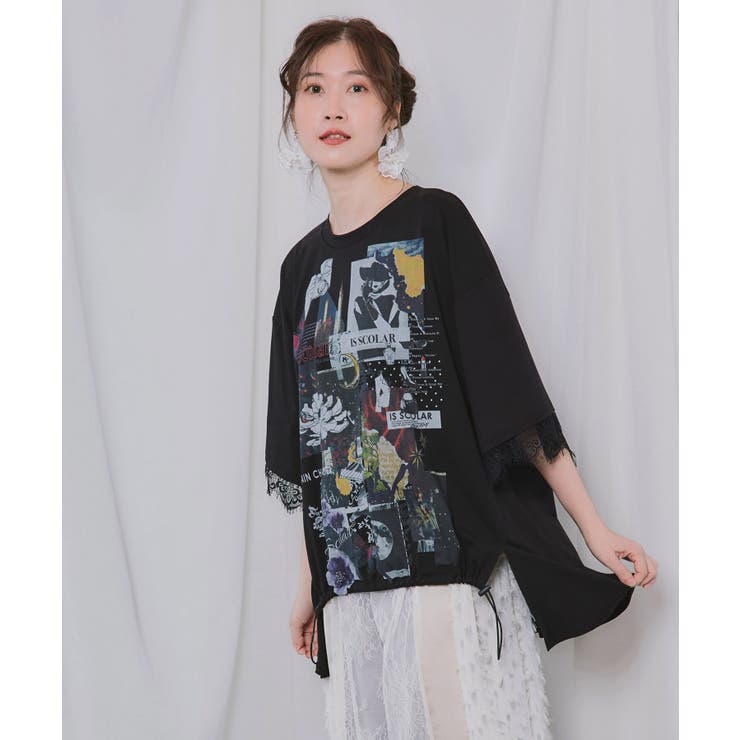 アートコラージュ柄 天竺×レースTシャツ | ScoLar | 詳細画像3 