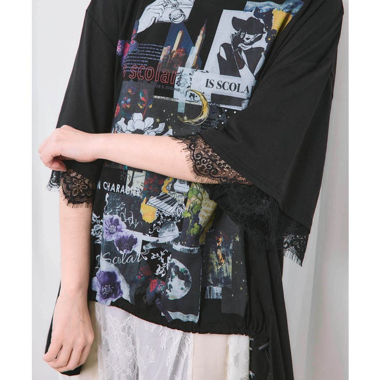 アートコラージュ柄 天竺×レースTシャツ | ScoLar | 詳細画像6 