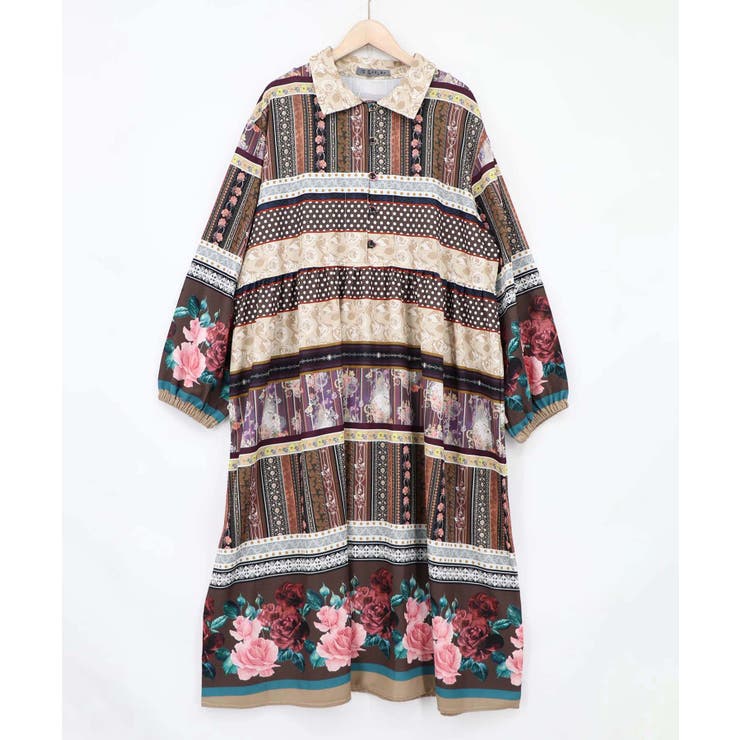 クラシカルローズ パッチワーク風柄シャツワンピ | ScoLar | 詳細画像9 