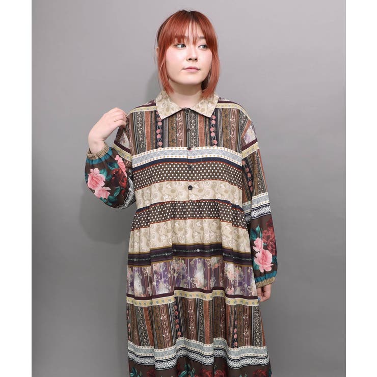 クラシカルローズ パッチワーク風柄シャツワンピ | ScoLar | 詳細画像6 