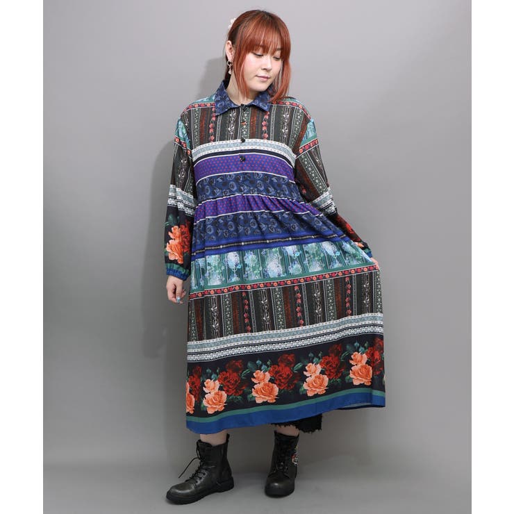 クラシカルローズ パッチワーク風柄シャツワンピ | ScoLar | 詳細画像1 