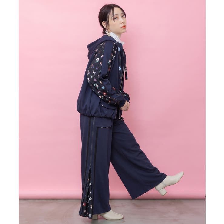 ネイビー | 花柄切替 ジャージ風ワイドパンツ | ScoLar
