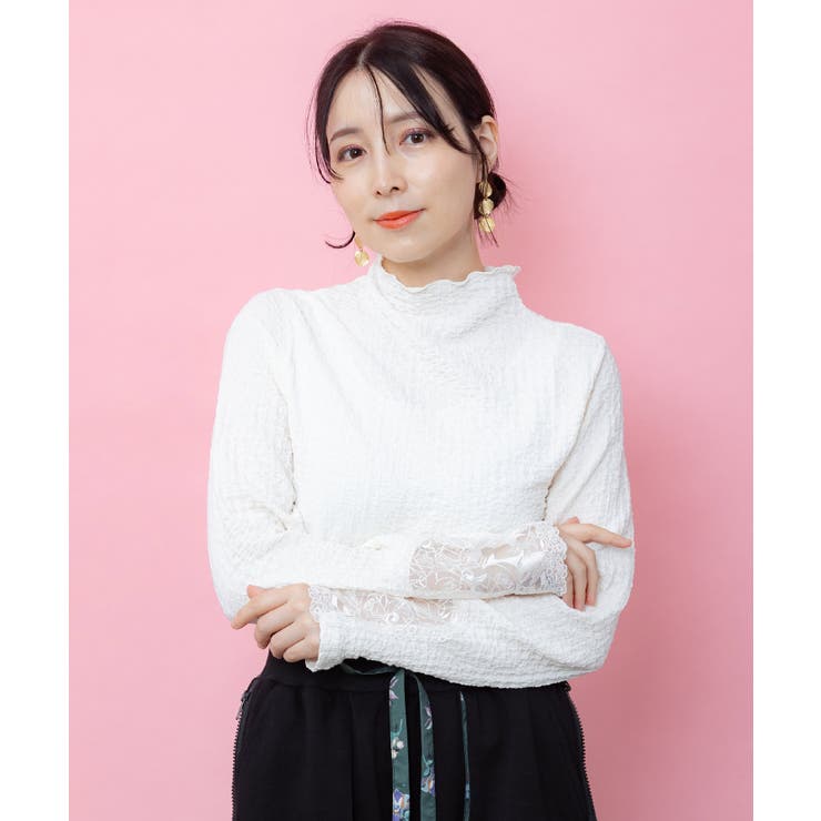 アイボリー | チェス柄袖レース付き ハイネックシャーリングTシャツ | ScoLar