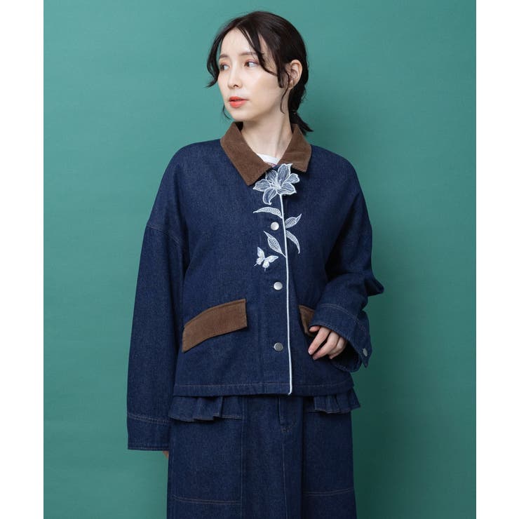 ネイビー | デニム×コーデュロイ 花刺繍配色ジャケット | ScoLar