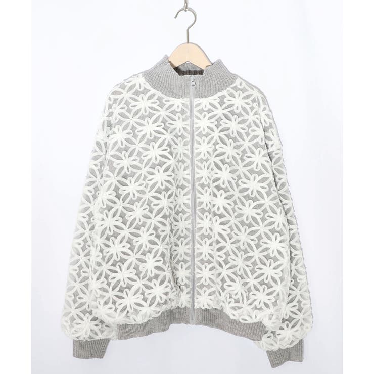 杢グレー | 花柄チュール重ねニットブルゾン | ScoLar