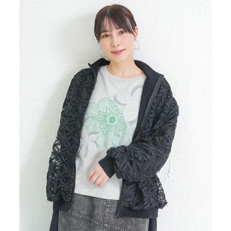 ブラック | 花柄チュール重ねニットブルゾン | ScoLar