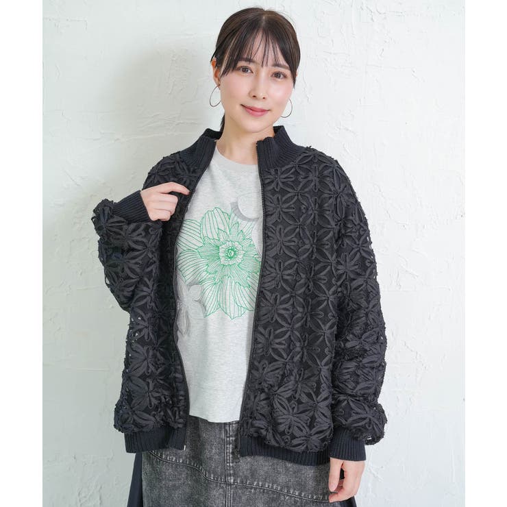 花柄チュール重ねニットブルゾン | ScoLar | 詳細画像1 