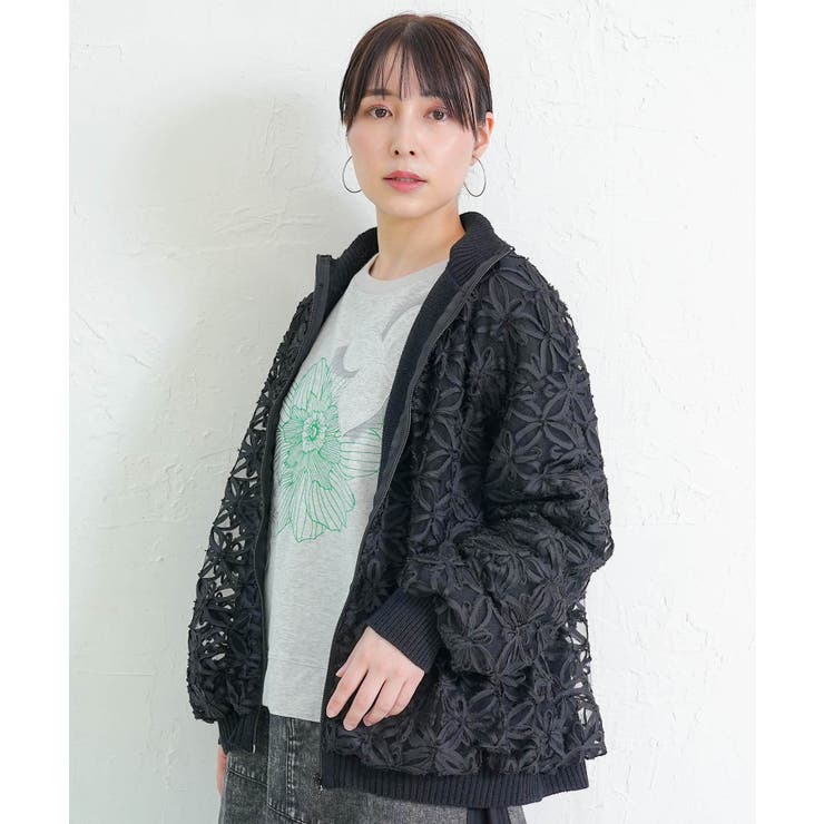 花柄チュール重ねニットブルゾン | ScoLar | 詳細画像3 