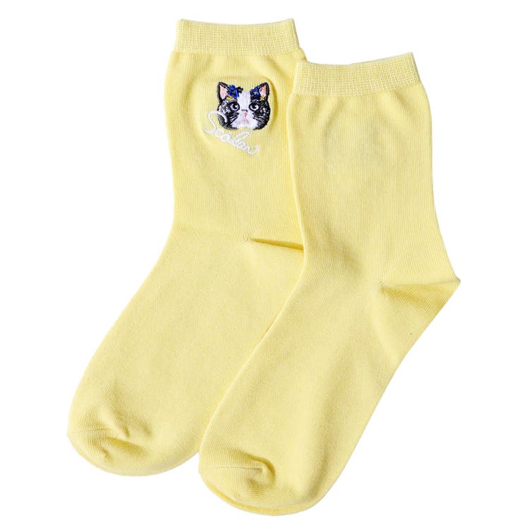 イエロー | スカラーネコ柄刺繍ソックス | ScoLar