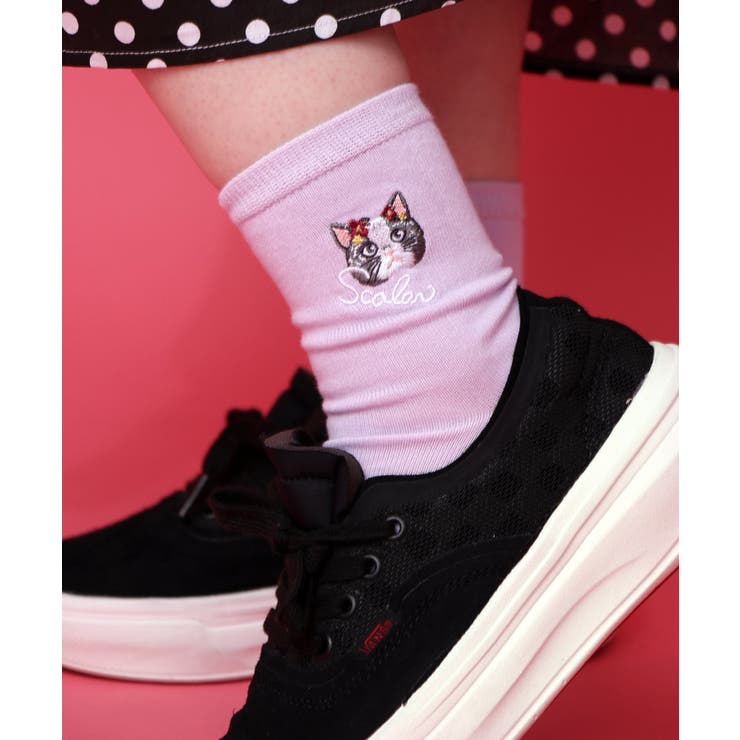 パープル | スカラーネコ柄刺繍ソックス | ScoLar