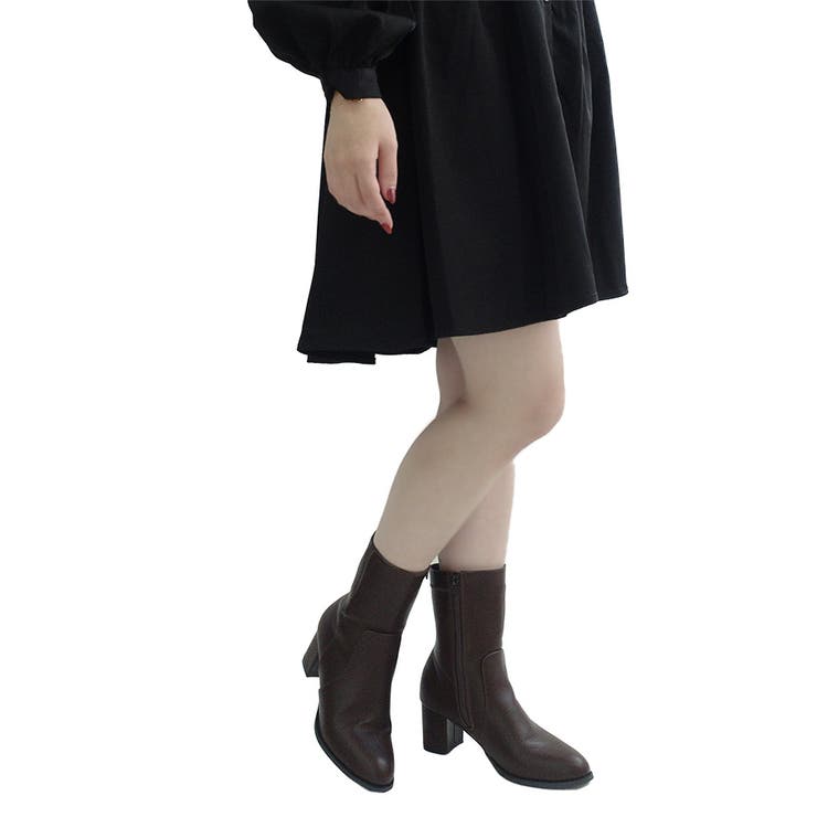 ダークブラウン | ポインテッドトゥシンプル太ヒールブーツ ミドル丈 ローヒル | Scramble