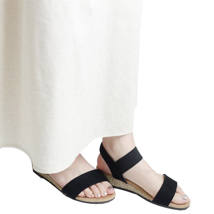 ブラック | アンクルゴム付きローウエッジサンダル カジュアル ふわもちクッション | Scramble