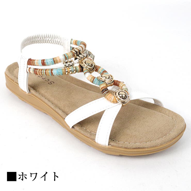 ホワイト | エスニック調ビジューリゾートサンダル フラット | Scramble