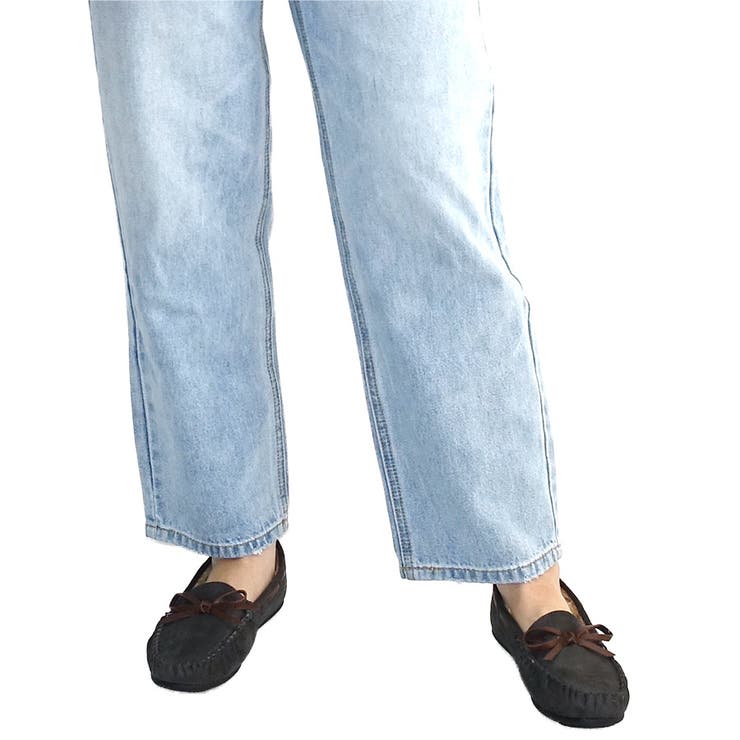 グレー | 中敷きボアスエードリボンモカシン フラットシューズ ぺたんこ | Scramble