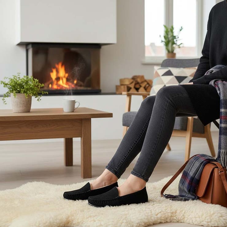 ブラック | 中敷きボアスエードモカシン フラットシューズ ぺたんこ | Scramble