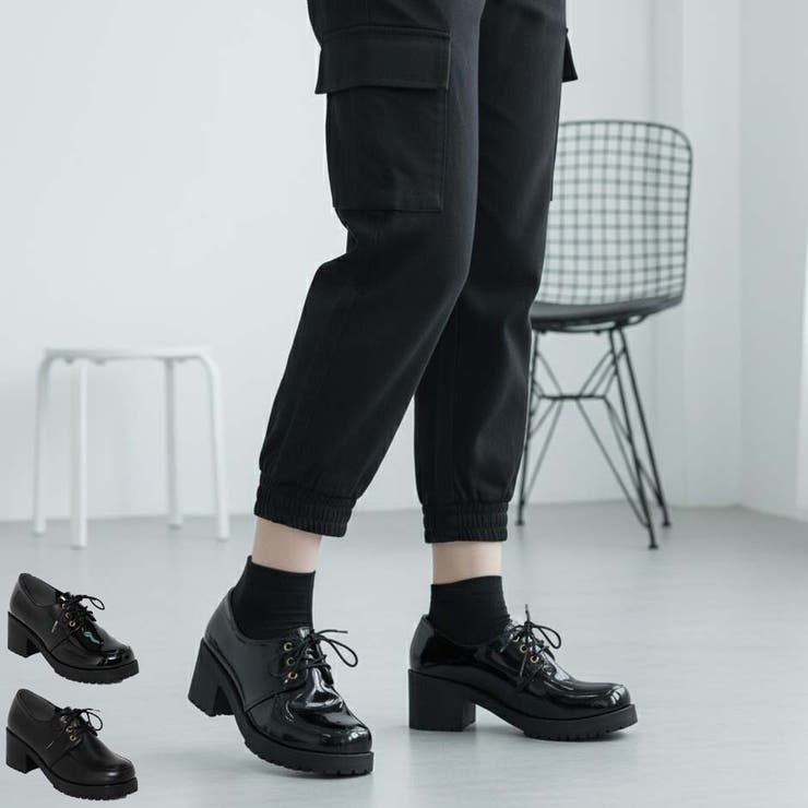 厚底ローファー レースアップ ショートブーツ 太ヒール[品番