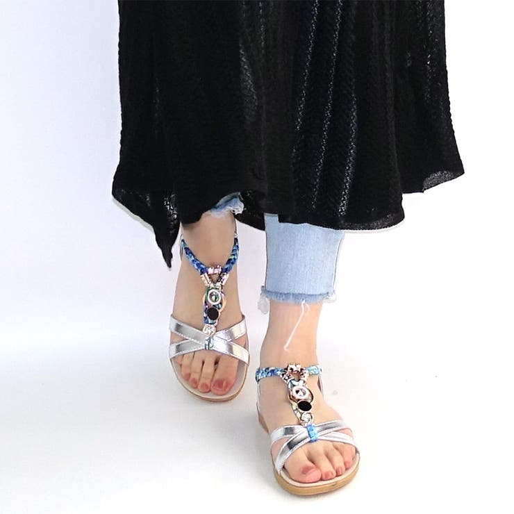 21夏新作サンダル 花柄編み込み甲ビジューサンダル フラット 品番 Incs Scramble スクランブル のレディースファッション通販 Shoplist ショップリスト