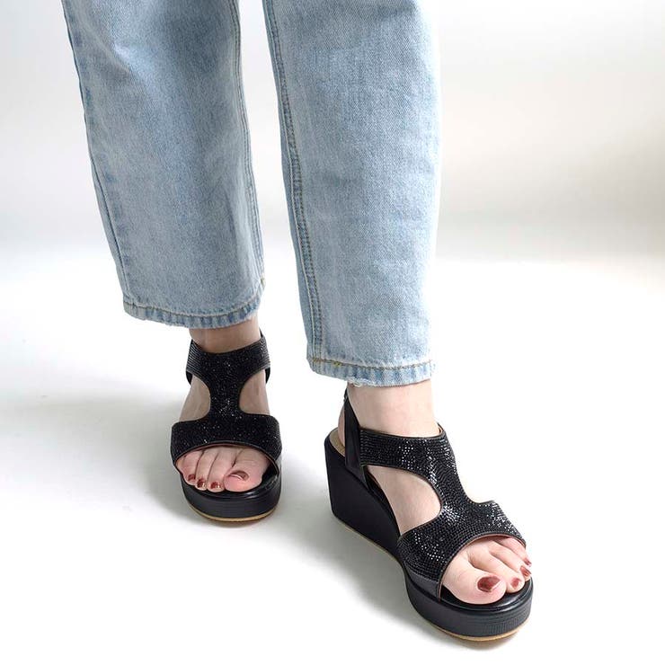 ブラック/ブラック | バックバンドビジューサンダル | Scramble