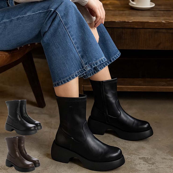 厚底ストレッチショートブーツ | Scramble | 詳細画像1 