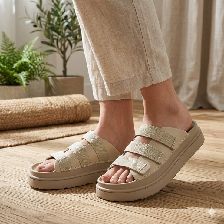 ベージュ | 「つっかけ」感覚でスタイルアップ。3本ベルトの厚底スリッパサンダル | Scramble