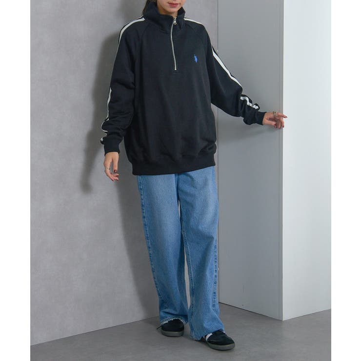ワンポイントロゴ ポニー刺繍 ラインデザインハーフジップスウェット  