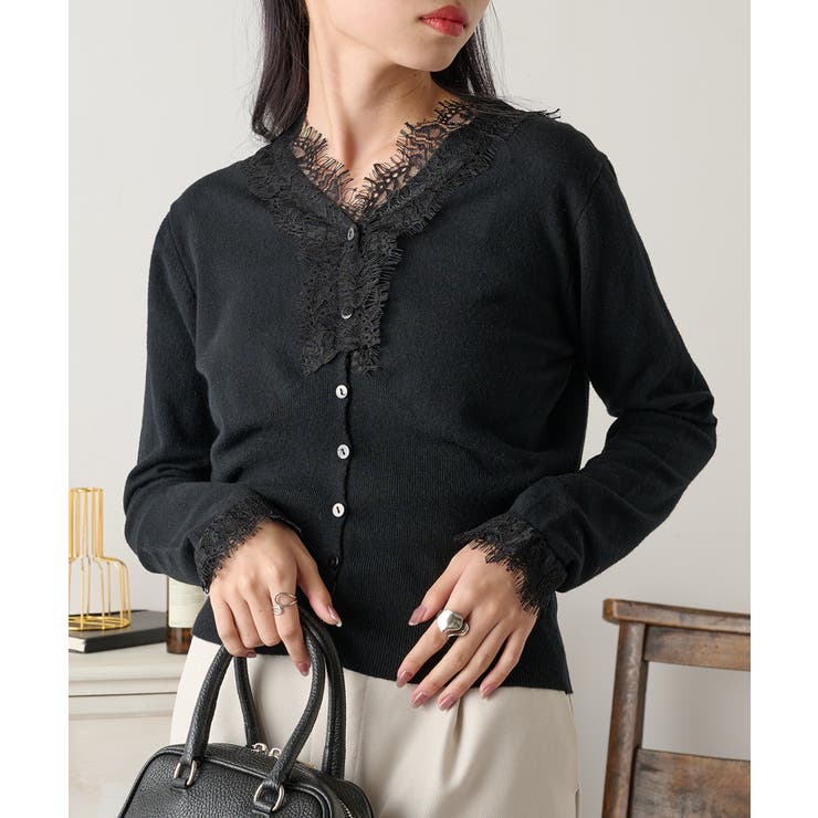 ブラック | 【SETUP7】レースドッキングニットカーディガン KNF149 | SETUP7【WOMEN】