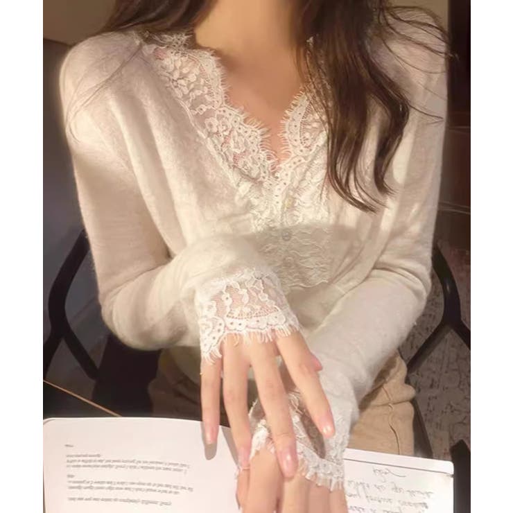 ホワイト | 【SETUP7】レースドッキングニットカーディガン KNF149 | SETUP7【WOMEN】