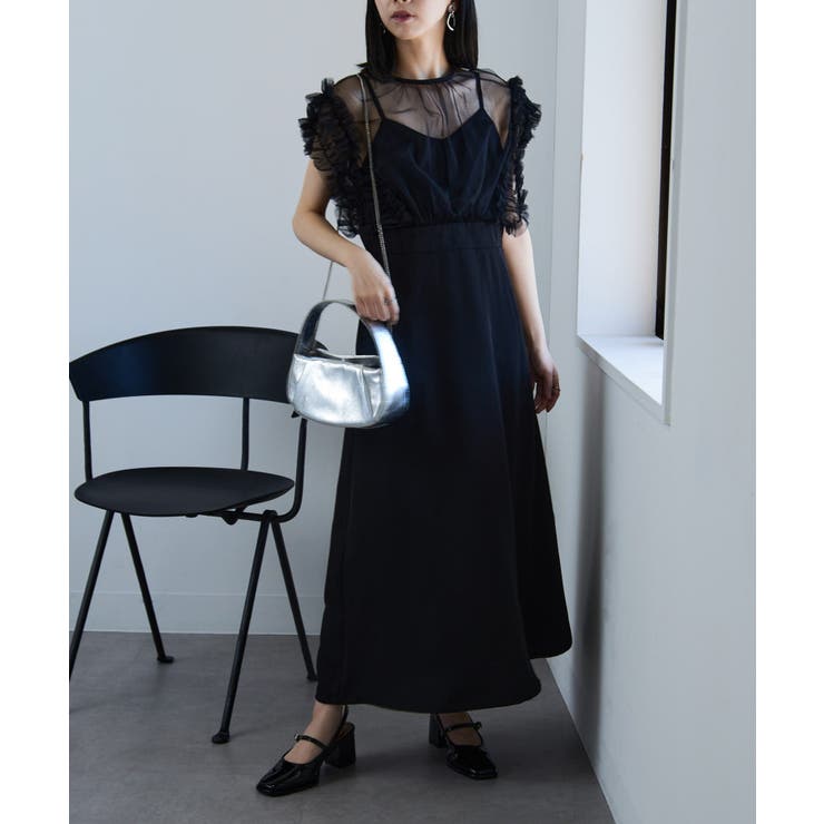 フリル チュール ドッキング ワンピース ロング ルーズ 長袖 黒 mily bilet】大人の女性にぴったり！チュールフリルデザイン