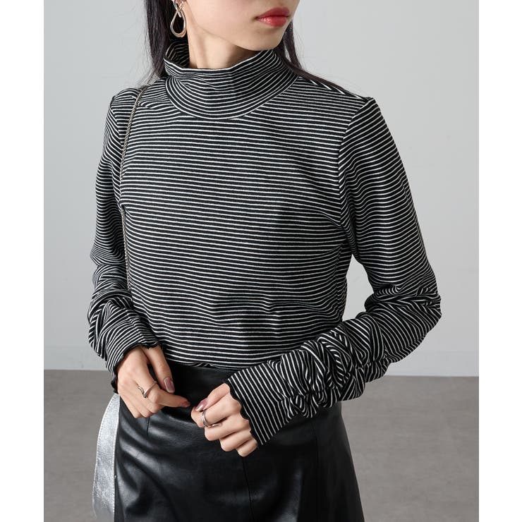 ブラック系1 | 【SETUP7】ボーダー柄両面起毛スムースタートル長袖 GLR | SETUP7【WOMEN】