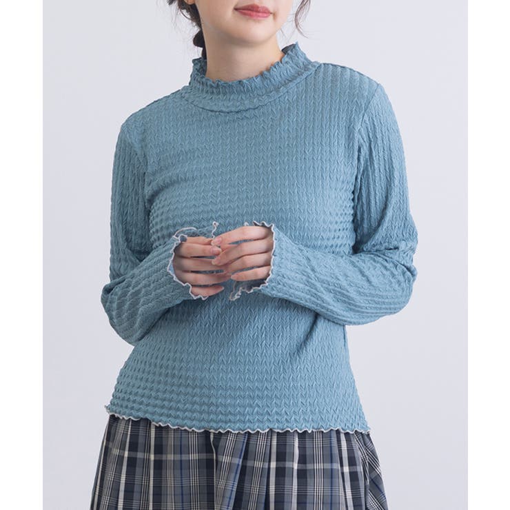 ブルー | 【SETUP7】ヘリンボーンJQD配色メロウハイネック長袖 GLR | SETUP7【WOMEN】