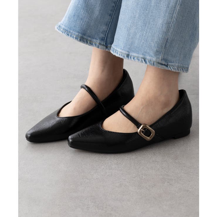 ブラック | 【SETUP7】メタルパーツストラップ Vカットフラットシューズ KNF-TP | SETUP7【WOMEN】