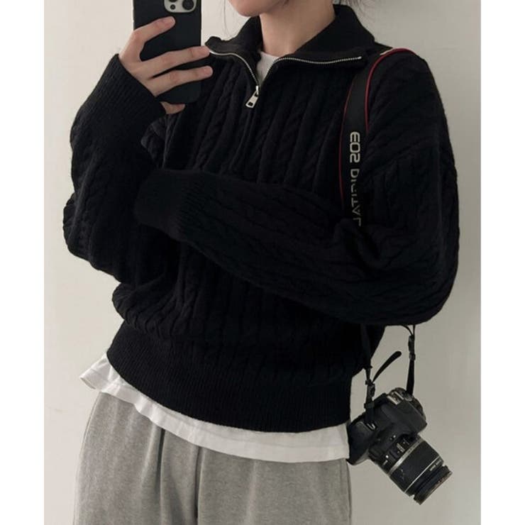 ブラック | 【SETUP7】ハーフジップ襟付きケーブルニットセーター KNF151 | SETUP7【WOMEN】