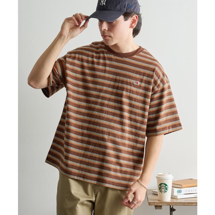 ブラウン | 【FRUIT OF THE LOOM】ピーチ起毛ボーダーTシャツ 袖ワッペン | SETUP7【WOMEN】